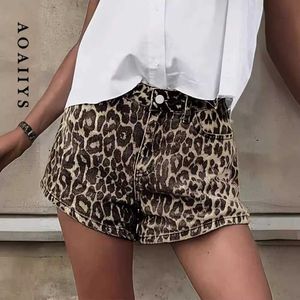 女性のショートパンツaoaiys leopard print shonts womens denim shorts cuasty button retro zipper womens summer shorts y240504