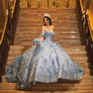 Sky Blue Quinceanera Prom Dresses 3D Flowers Sequin Sweet 15 Party Gowns Sparking Bead Ball Gown Junior Girls Pageant Dress