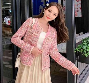 Frauen Pink Tweed Jacket Coat Runway Herbst Winter Single Breasted Weave Female Fashion Vintage äußere Ankleidung 2109141809465