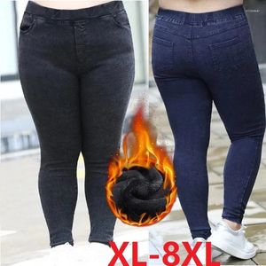 Dżinsy damskie kobiety 2024 Autumn Spoders wysokie pory elastyczność legginsy aksamitne ciepłe zimowe dżinsowe spodnie Kobieta długie 6xl 7xl 8xl