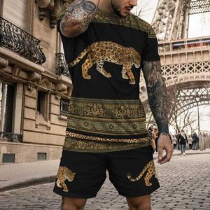 Herrspårspår 3D-tryckt leopardmönster män överdimensionerade t-shirt shorts set mode kort slve dräkt plus storlek bekväm o-hals sport topp t240507