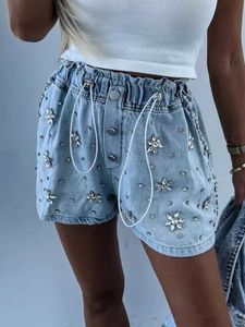 Kvinnors shorts Ny elastisk midja denimstil shorts kvinnor sommar loungewear lapptäcke dragskon damer raka shorts strtwear dropshipping y240504