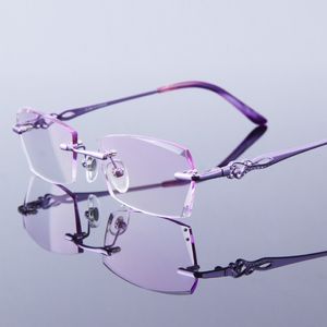 Sonnenbrille Frauen Lesebrillen Randlosen Rahmen lila weibliche Hyperopie hohe klare Linsen Rahmenlose Damen für ältere presbyopische Auge 259c