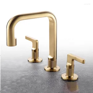 Waschbecken Wasserhähne 2 Griffe Schönes Satin gebürstetes Gold Messing Wasserbecken Wasserhahn für