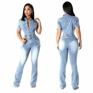 Women's Jeans Slim-fit Elastic Washed Denim Jumpsuit With Flared Pants Short Sleeves