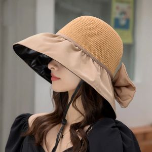 Summer New Women Bucket Hat Ochrona UV Kapelusze Słoneczne Kolor Miękki Składany szeroki brzeg zewnętrzny plaża Panama Cap Ponytail Caps