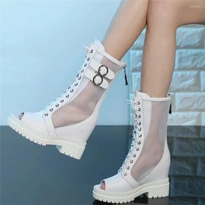 Boots 2024 Casual Shoes Women Lace Up Genuine Leather Wedges High Heel Motorcycle Female Summer Open Toe Platform Oxfords
