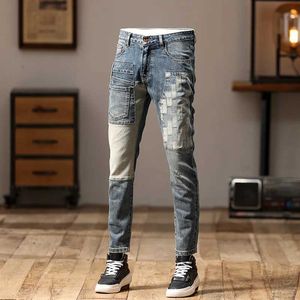 Mäns jeans 2024Cool Smart Mens Motorcykel trendig lapptäcke mode high-end retro stretch smal fit mager byxor q240509