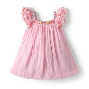 Vestidos de menina 2025 Mangas de borboleta vestido bebê Beibei Meninas roupas de decote quadrado vestido geométrico de bordado nova boutique Birthday Party Clothingl2405