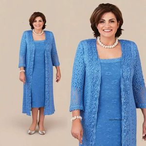 Blue Lace Plus Size Mother of the Bride Dress with Coat Jacket Long Sleeve Column Tea Length Wedding Guest Party Evening Formal Gowns 0509