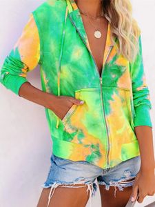 Kvinnor Vintage Tie Dye Hooded Jacket Zip Up Long Sleeve Pocket Summer Autumn Streetwear Coat Y2K Eesthetic Loose Hoodies 240509