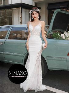 Designer bianco abito da sposa Abito spaghetti Scapa da sera da sera ricamato in vita di fascia alta sirena