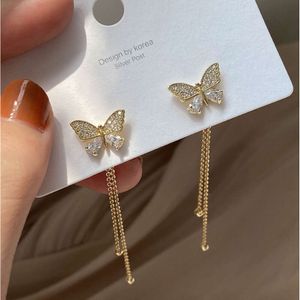 S Sier Needle, bir çift kelebek süper peri püskül uzun küpeler, Kore tarzı, taze yaz küpeleri