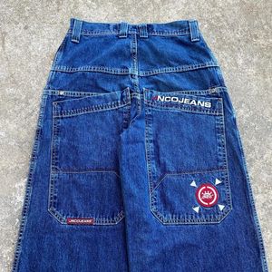 Retro Harajuku Jnco Blue Backgy Jeans Y2K Уличная одежда хип -хоп с высокой высокой талией с широкой джинсовой брюки мужская мода 240429