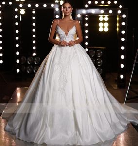 2024 New A-line Wedding Dress V-neck Spaghetti Straps Beading Pearls Appliques Satin Bridal Gown Vestidos De Novia Custom Made Robe De Mariage