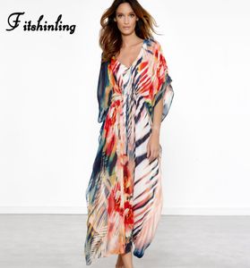 Fitshinling arco -íris listrado vestido de banho longa listrado 2019 colorido chiffon maxi vestidos mulheres V pescoço sexy