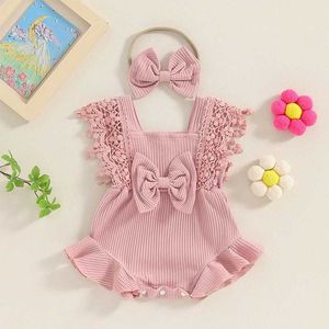 Rompers Baby Girl Summer Romper Rib Lace Ruffle Sleeveless Bow Decorated Romper Jumpsuit Bodysuit with Headband Newborn Baby Clothes H240508