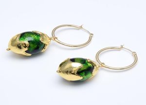 Guaiguai smycken naturlig grön mossa glas boll guld färg pläterad cirkel dingle hook örhängen handgjorda för kvinnor2853622