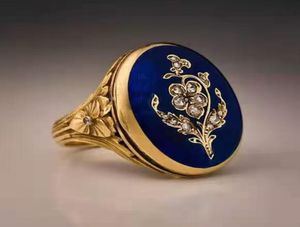 Victorian Vintage 14 -krotnie złoty pierścionek z diamentem Unikalny niebieski kwiat róży emalia biżuteria panna młoda zaręczynowy prezent ślubny dla kobiet rozmiar 7117857596