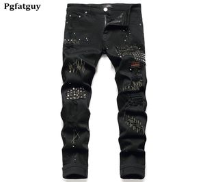 2021 New Men039s Rivet Ripped Black Jeans Pants Stretch Embroidery Denim Trousers Male Streetwear Willow Nails Mens Pants Biker2839257