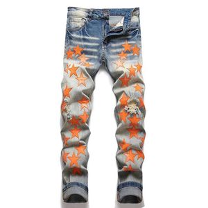 Men's Jeans 2023 Autumn New Mens High Street Orange Star Embroidered Patch Slim Fit All Q240509
