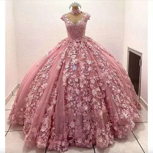 Rose Pink Quinceanera Sukienki z 3D Kwique Applique Ball Suknia balowa z wysoką szyją