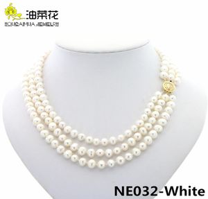 Fashion Charm 3Rows 78mm Natural White Akoya Cultured Pearls Necklace Jewelry Gold Button Woman Wedding Christmas Gift AAA 17199781413