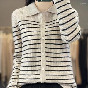 Women's Knits DjzDsm Women Merino Wool Top Lapel Striped Cardigan Fashion All-match Base Coat Sweater 2024 Model