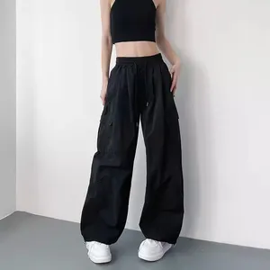 Women's Pants Black Cargo Women Casual Pockets Trousers Korean Loose High Waist Wide Leg 2024 Summer