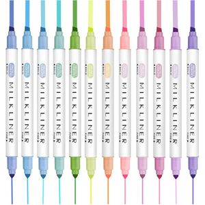 12pcs Highlighter Marker Stift Dual Tipp Milkliner Pastellfarbe Augen-Protect Leuchtfarbe Fluoreszenzschule School Zeichnungsmarker 240425