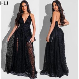 Sukienki swobodne hlj black fashion Deep v siatkowe szelki kobiety cienki pasek rękaw a-liniowy sukienka podłogowa seksowne backless imprezowe imprezy vestidos