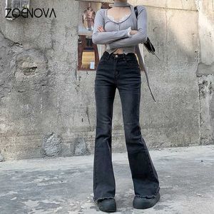 Dwuczęściowe spodnie damskie Zoenova 2024 Spring/Summer Fashion Women Wysoka talia Buty na nogi ścięte spodnie Czarne oryginalne krawędź swobodne retro damskie flash Jeansl2405