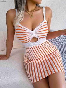 Basic Casual Dresses Womens casual striped knitted spaghetti shoulder strap tight fitting dress XW