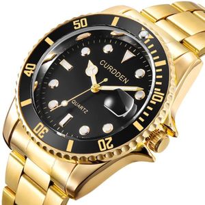 Armbandsur gratis droppande roll titta på män kvarts män klockor topp man guld rostfritt stål vattentätt 206e