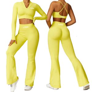 Lu Align Set 2024 ight Seamless 4-Piece Women Yoga Set V Neck Cross Back Justerbar Buckle Bra Lift Hip Fiess Sports Flare Pants Lemon LL