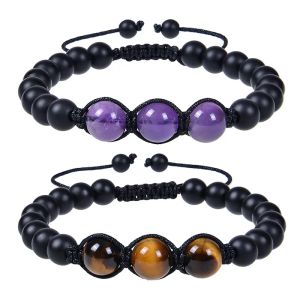 12MM Amethyst Woven Bracelet Adjustable Natural Tiger Eye Stone Black Frosted Bracelet for Men Women Fashion Jewelry