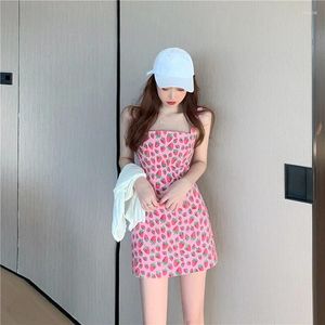 Casual Dresses Korea Kawaii Slim Suspender 2024 Woman Summer Sexy Strawberry Dress Bodycon Mini Skirt Pink Zipper Style Streetwear