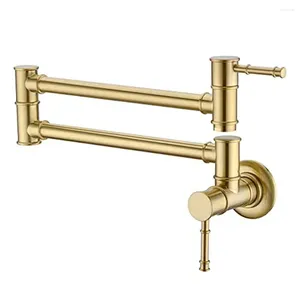 Kitchen Faucets Wall Mounted Brass Pot Filler Faucet Double Joint Swing Arm Single Hole Brushed Gold Handles 360 Degrees Swivel Joints Easy