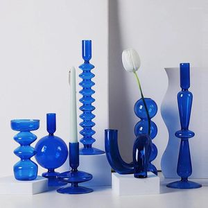 Candle Holders Home Supplies Decoration Furnishings Modern Blue Glass Candlestick Transparent Hydroponics Desktop Decor Holder Crafts