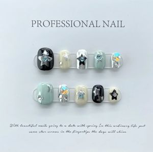 10pcs ręcznie robione gotyckie krótkie prasę na paznokciach rhinestone okrągły manicure dekoracja noszenia pełna pokrywa z projektem akrylowego paznokcia końcówka paznokci 240509