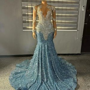 Блестящие длинные выпускные платья 2024 роскошные блестящие бриллианты с бриллиантами Сексуальная русалка прозрачная черная девушка небо голубое с блестками гала -платья