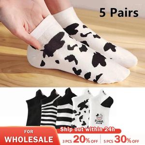 Women Socks 5 Par Spring Summer Thin Fashion Sock Cartoon Cow Harajuku Kawaii Söt flicka Happy Funny Boat