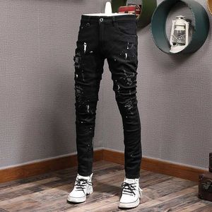 Men's Jeans Street fashion mens jeans black elastic ultra-thin fit cracked patch designer Hip Hop Pants Hombre Q240509