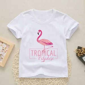 T-shirt 2020 Summer Cute Childrens T-shirt Flamingo Cartoon Print T-shirt Childrens Round Neck Girls and Boys T-shirt Design casual YKP015L240509