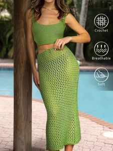 Women's Swimwear Women Crochet Knitted Skirts Set Hollow Out Swimsuit Crop Tops Cover Ups Long Outfits Swim Beachwear