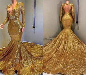 Evening Dress Long 2019 Gold Sparkling Full Sleeves Sequins Mermaid Prom Dresses Deep V Neck Beaded Stones Backless Sweep Train Pa5240088