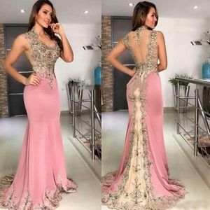 Sexy New Pink Mermaid Evening Dresses Wear V Neck Lace Appliques Crystal Beaded Sleeveless Sheer Back Formal Prom Dress Party Gowns 2343