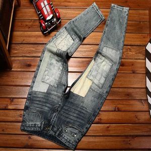 Mäns jeans avancerade trendiga modefärgkontrast Motorcykel Skinny byxor Mens Stretch Slim Blue Casual Washed-Out Vintage Q240509