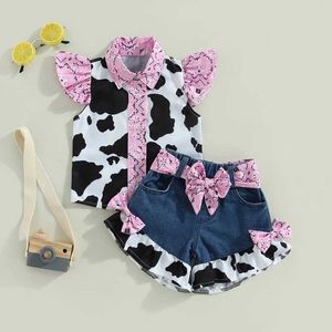 Set di abbigliamento set occidentali per bambini outfit in jeans outfit shottle topswhwips shorts a gamba a largo gamba con le gamba a largo gamba con allacciata pantaloncini H240508