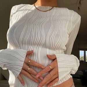 Men's T-Shirts 2024 Autumn Pleated Seven Piece T-shirt Womens Casual White Tight Black Basic Fashion Strt Cut Top Y2K Clothing H240508